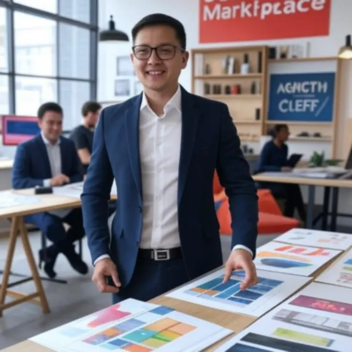 Zespół agencji brandingowej PolishBrandingPro pracujący nad strategią marki przy dużym ekranie z moodboardem.