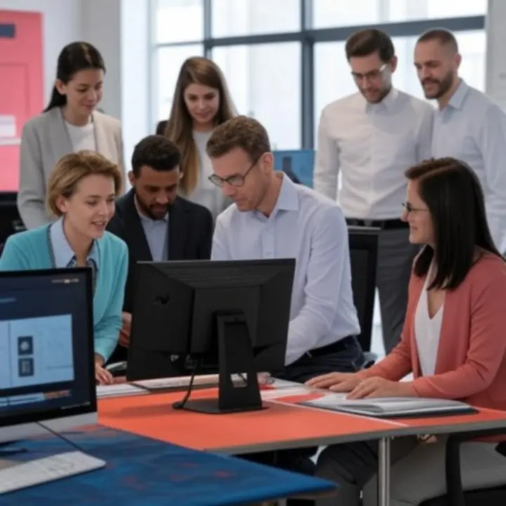 Nowoczesne biuro agencji brandingowej z prezentacją projektów na ekranach.